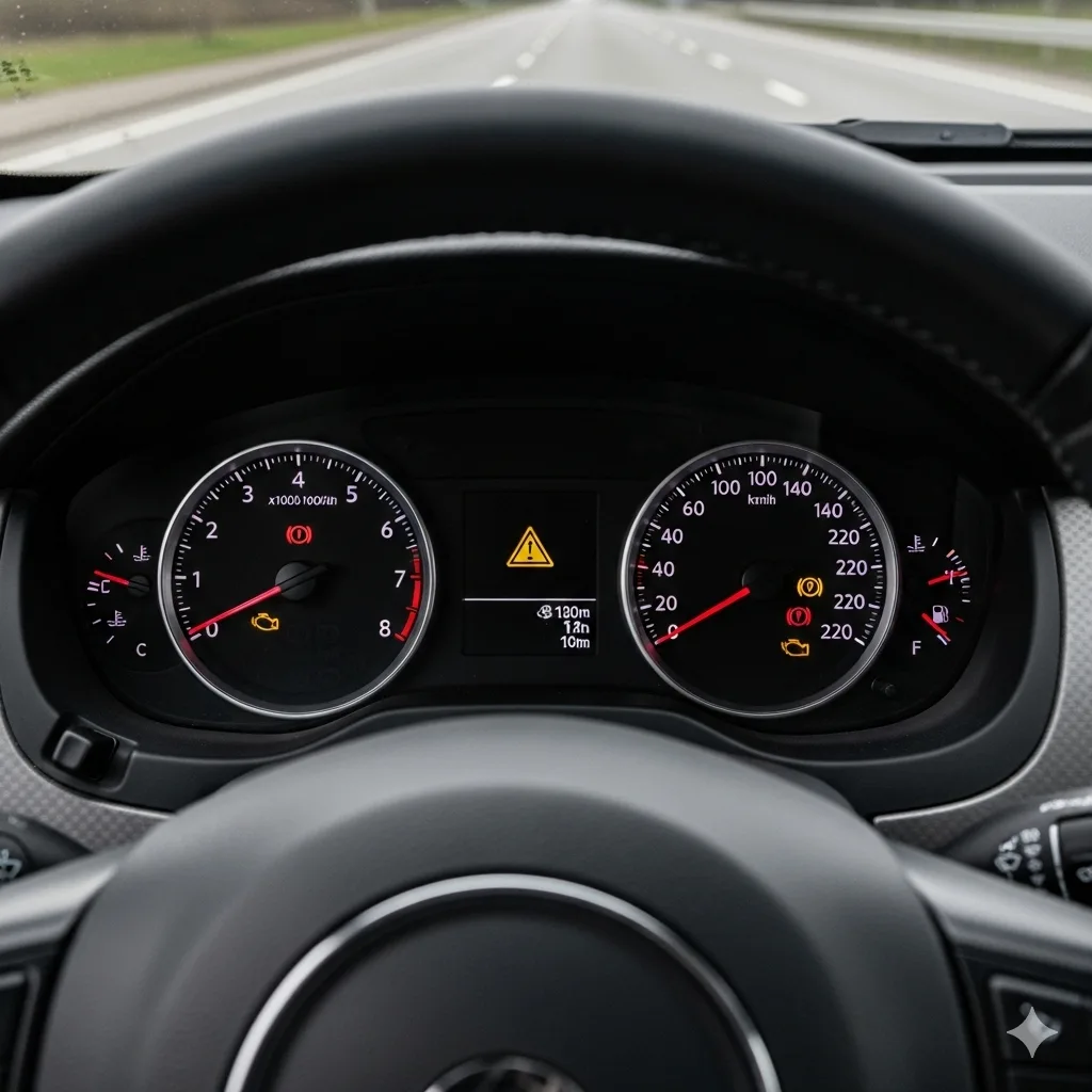 araba arıza lambaları, araç ikaz sistemi, araç uyarı ışıkları, gösterge paneli sembolleri, üçgen içerisinde ünlem