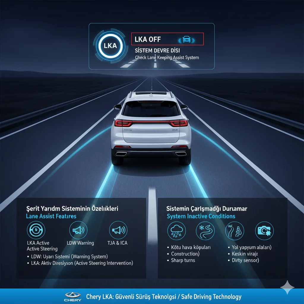 Chery LKA kapalı, Şerit takip sistemi, Şerit değiştirme yardımı, LDW nedir, Chery sürüş destek sistemleri