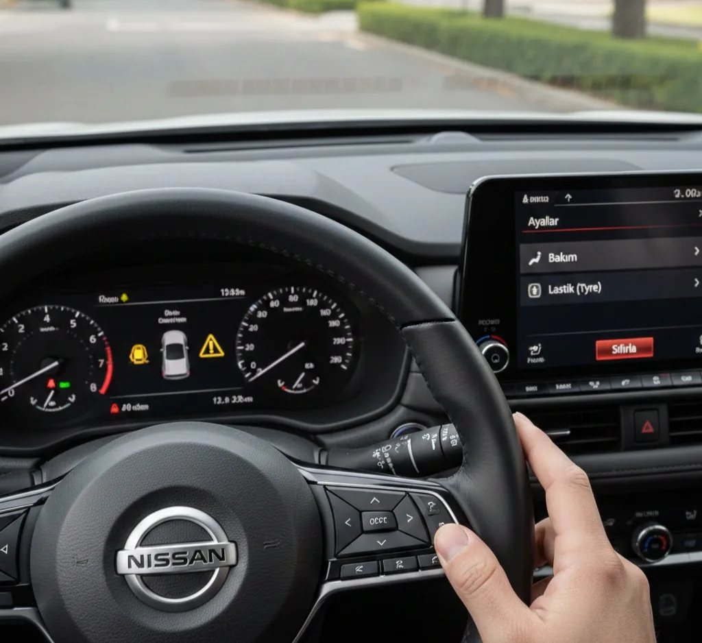 Nissan Qashqai lastik basıncı, Qashqai uyarı ışıkları, Lastik basınç resetleme, Üçgen içinde ünlem işareti, TPMS sıfırlama